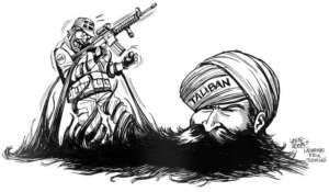 Klęska koalicji w walce z talibami, karykatura Carlosa Latuffa / https://archive.org/details/SwedenToSendMoreTroopsToAfghanistan
