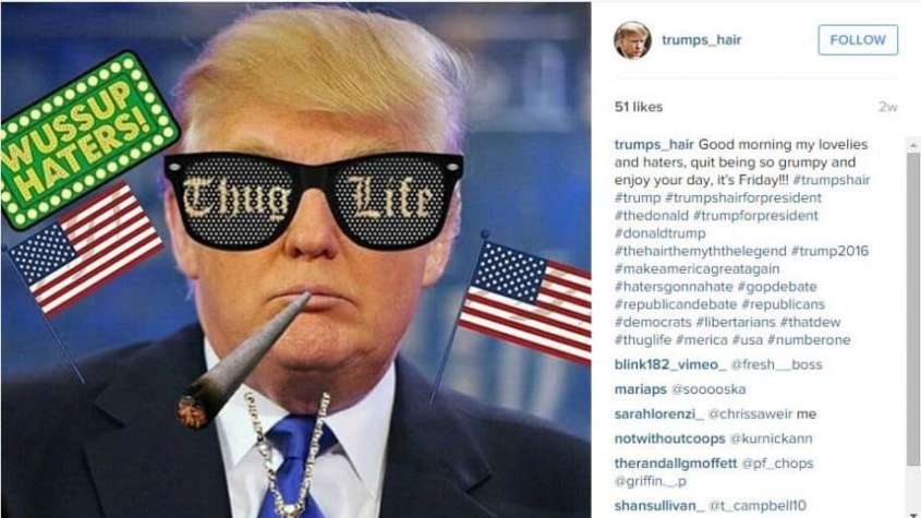 Satyryczny wizerunek Donalda Trumpa, źródło: Instagram / trumpa_hair