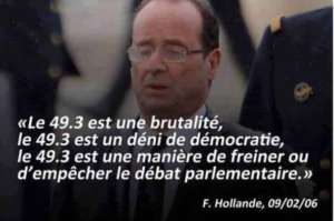 - 49-3 to jest brutalność, 49-3 jest zaprzeczeniem demokracji, 49-3 to sposób, aby spowolnić lub uniemożliwić debatę parlamentarną " mówił François Hollande 10 lat temu. fot: https://www.facebook.com/photo.php?fbid=1082288565166474&set=gm.1042136145873114&type=3&theater