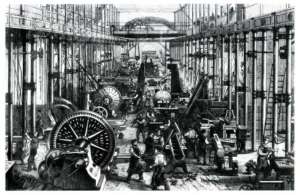 Rewolucja przemysłowa. Hala maszynowa w fabryce Hartmana w Chemnitz (1868), źródło: wikimedia commons