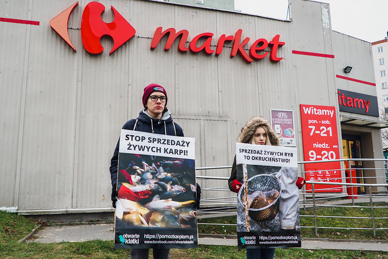 Aktywiści stowarzyszenia Otwarte Klatki protestują przed wejściem do jednego ze sklepów wielkopowierzchniowych sieci Carrefour Market w Krakowie, foto: Otwarte Klatki